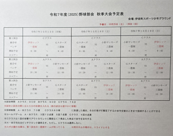 令和７年度　野球部会秋季大会予定表について